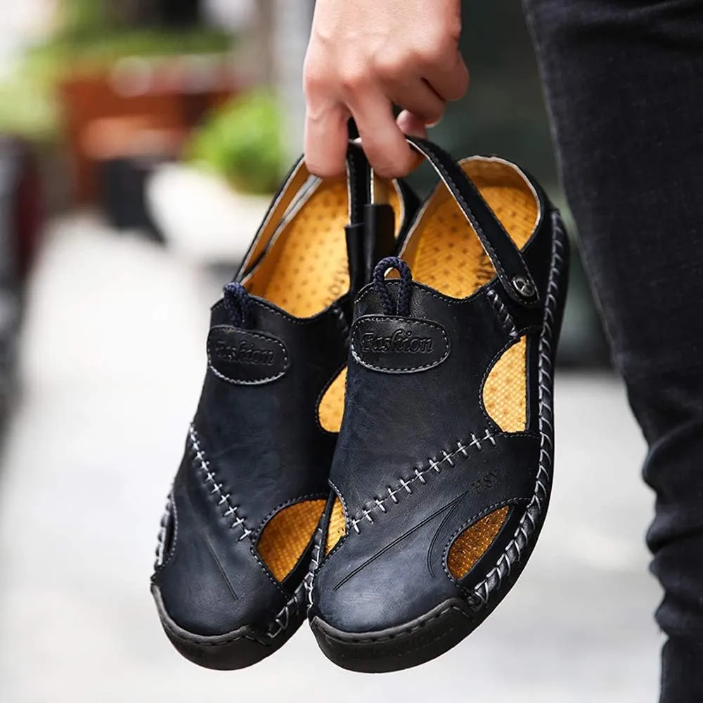 KINOW Mens Casual Closed Toe Leather Sandals Outdoor Sports Beach Slippers Flat Shoes
