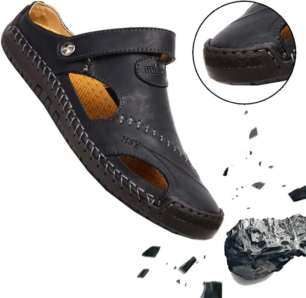 KINOW Mens Casual Closed Toe Leather Sandals Outdoor Sports Beach Slippers Flat Shoes