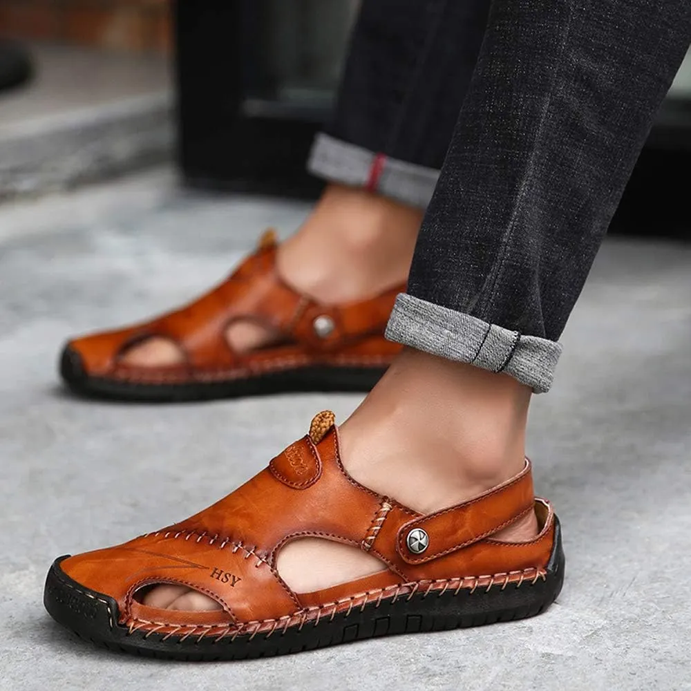 KINOW Mens Casual Closed Toe Leather Sandals Outdoor Sports Beach Slippers Flat Shoes