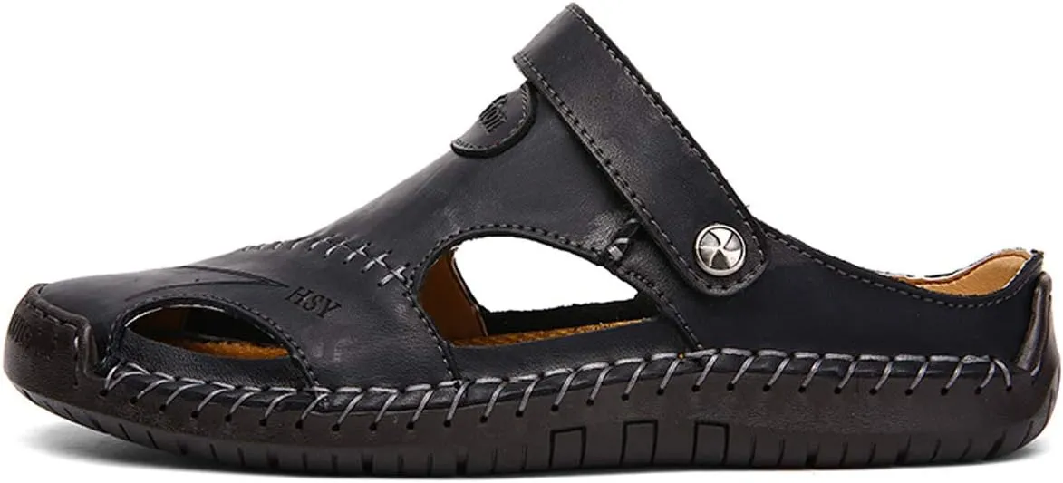 KINOW Mens Casual Closed Toe Leather Sandals Outdoor Sports Beach Slippers Flat Shoes