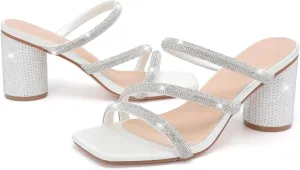 kkdom Women's Square Open Toe Glitter Chunky Heels Sandals Sparkle Bling Rhinestone Short Heels Mule Sandals Slip On Block Heels