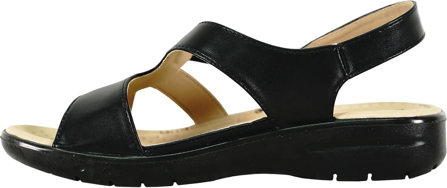 KOZI Women Comfort Casual Wedge Sandal Slip-On Loafer OY3132 Elasticized Band Open Round Toe Black Flower Navy Red White