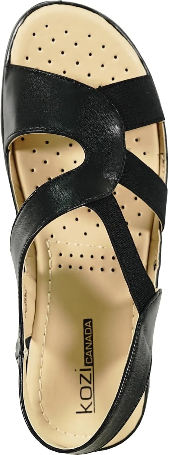 KOZI Women Comfort Casual Wedge Sandal Slip-On Loafer OY3132 Elasticized Band Open Round Toe Black Flower Navy Red White