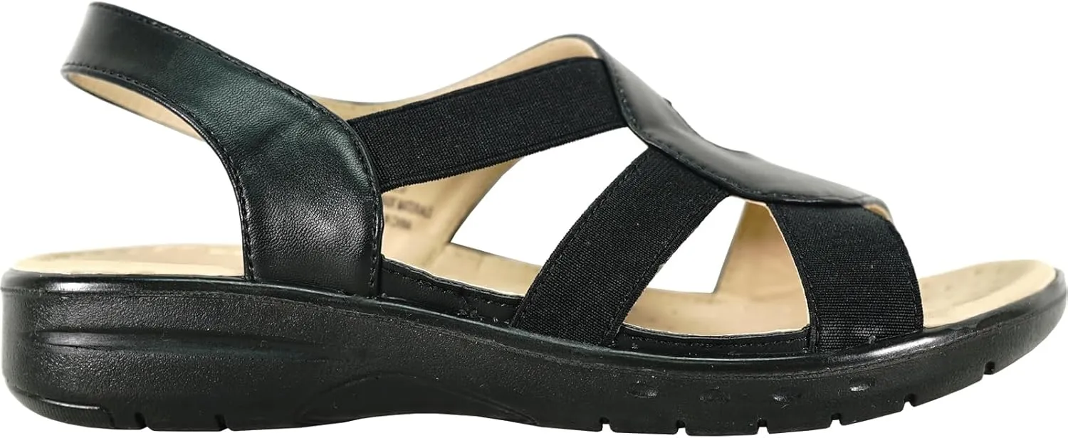 KOZI Women Comfort Casual Wedge Sandal Slip-On Loafer OY3132 Elasticized Band Open Round Toe Black Flower Navy Red White