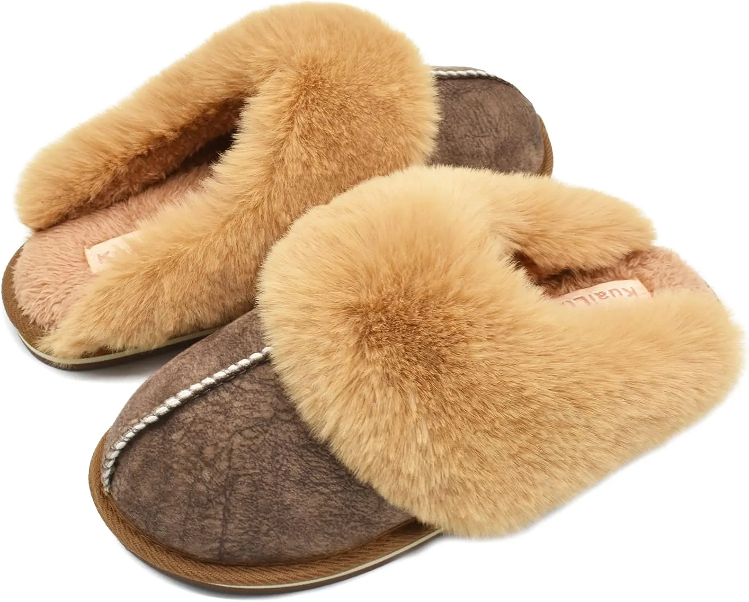 KuaiLu Womens Fluff Dual Memory Foam Slippers Ladies Cozy Arch Support Warm Scuff Slippers Slip on Comfy Winter House Shoes with Non-Slip Indoor Outdoor Hard Sole