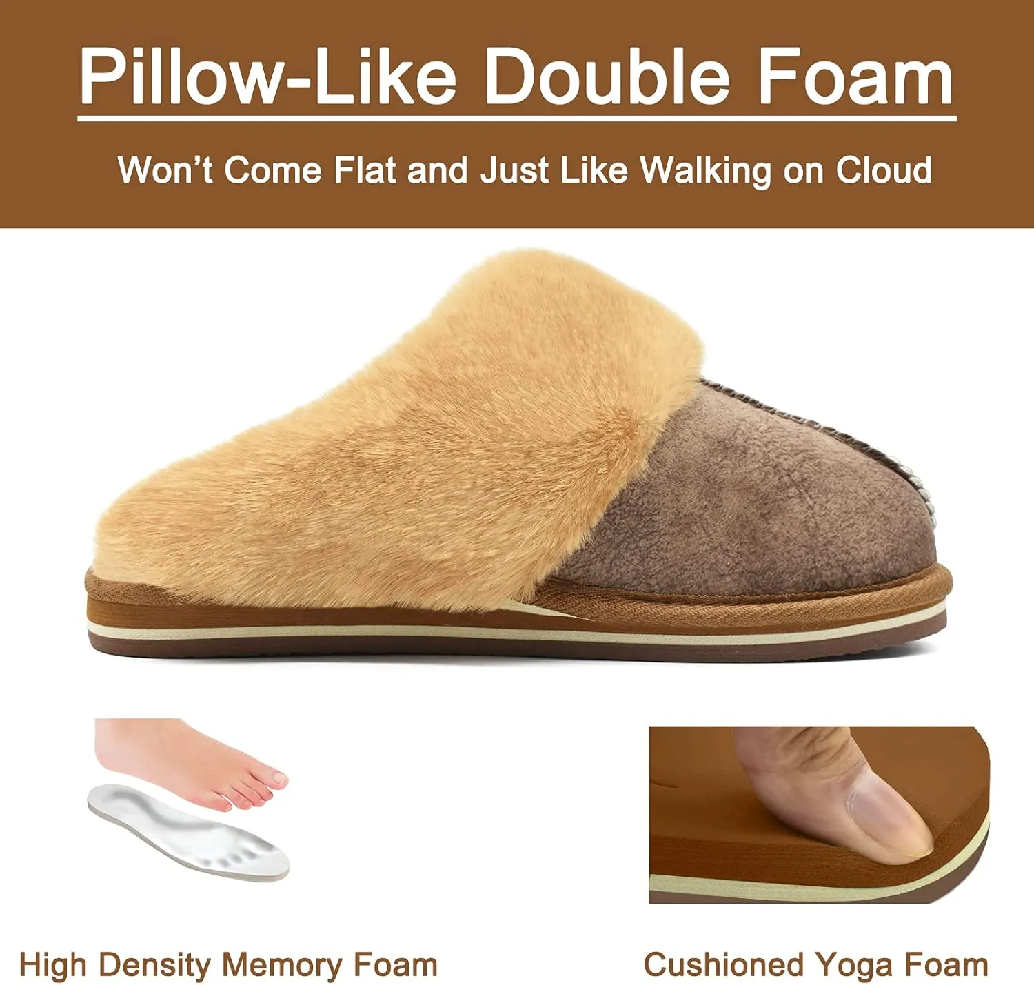KuaiLu Womens Fluff Dual Memory Foam Slippers Ladies Cozy Arch Support Warm Scuff Slippers Slip on Comfy Winter House Shoes with Non-Slip Indoor Outdoor Hard Sole