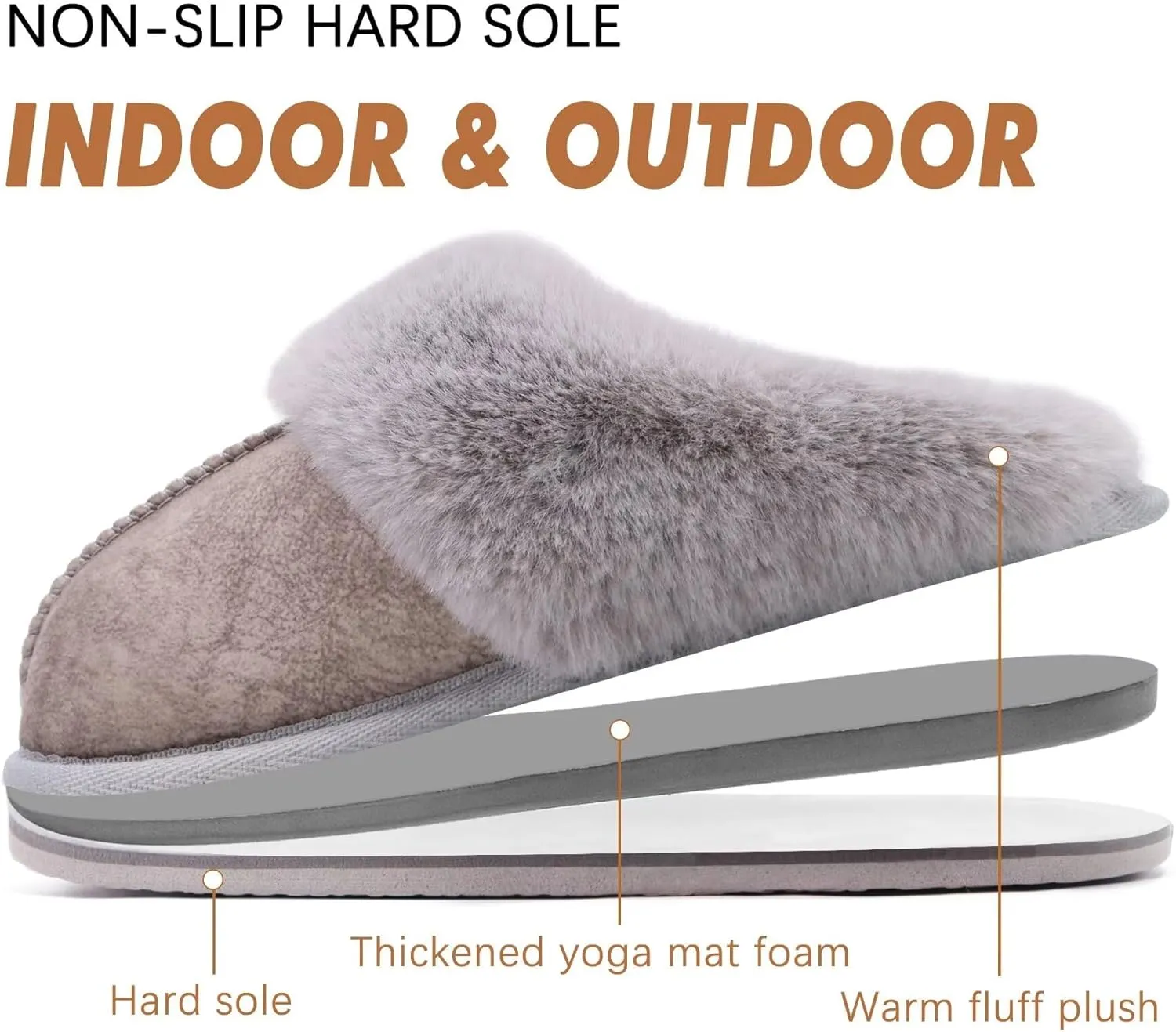 KuaiLu Womens Fluff Dual Memory Foam Slippers Ladies Cozy Arch Support Warm Scuff Slippers Slip on Comfy Winter House Shoes with Non-Slip Indoor Outdoor Hard Sole