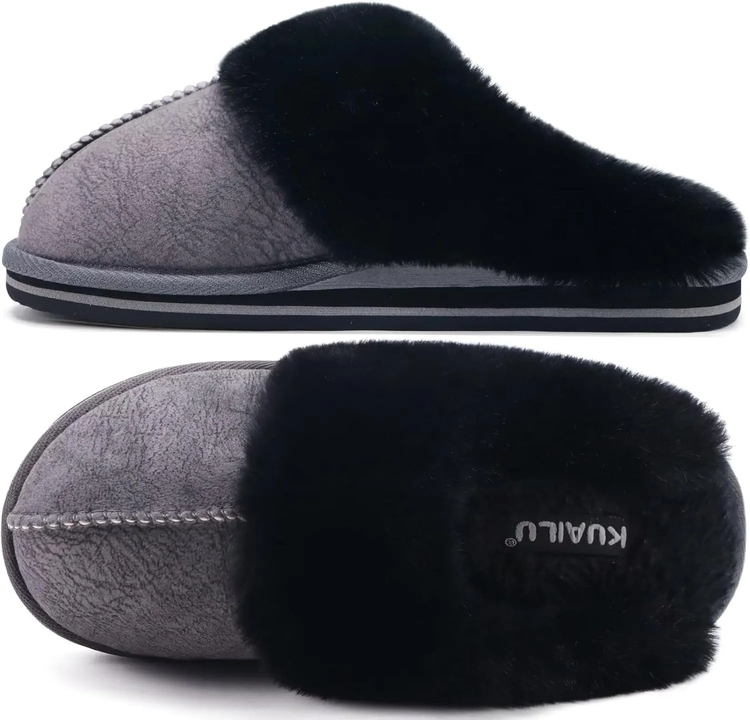 KuaiLu Womens Fluff Dual Memory Foam Slippers Ladies Cozy Arch Support Warm Scuff Slippers Slip on Comfy Winter House Shoes with Non-Slip Indoor Outdoor Hard Sole