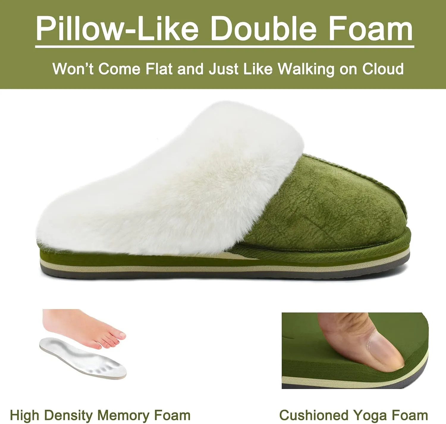 KuaiLu Womens Fluff Dual Memory Foam Slippers Ladies Cozy Arch Support Warm Scuff Slippers Slip on Comfy Winter House Shoes with Non-Slip Indoor Outdoor Hard Sole
