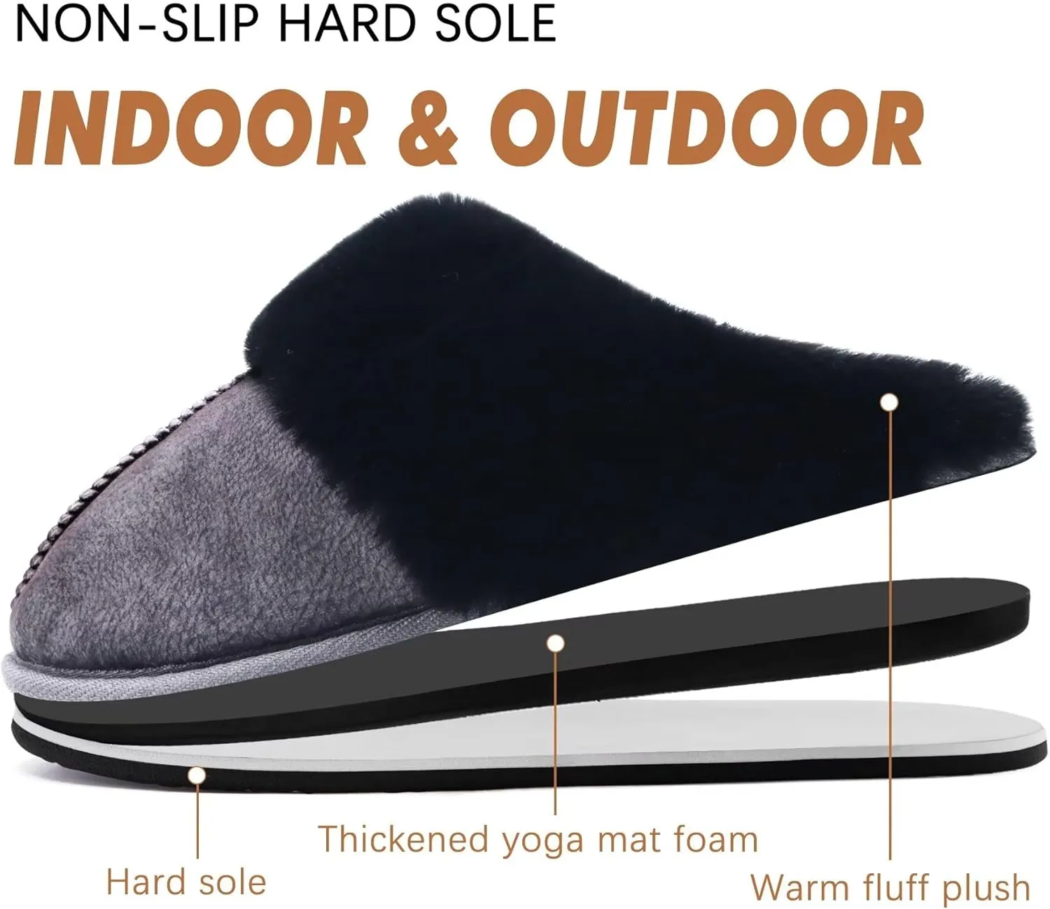 KuaiLu Womens Fluff Dual Memory Foam Slippers Ladies Cozy Arch Support Warm Scuff Slippers Slip on Comfy Winter House Shoes with Non-Slip Indoor Outdoor Hard Sole