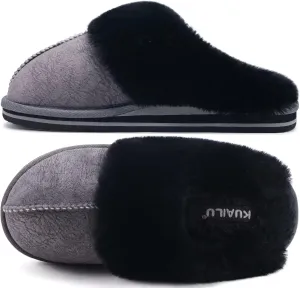 KuaiLu Womens Fluff Dual Memory Foam Slippers Ladies Cozy Arch Support Warm Scuff Slippers Slip on Comfy Winter House Shoes with Non-Slip Indoor Outdoor Hard Sole