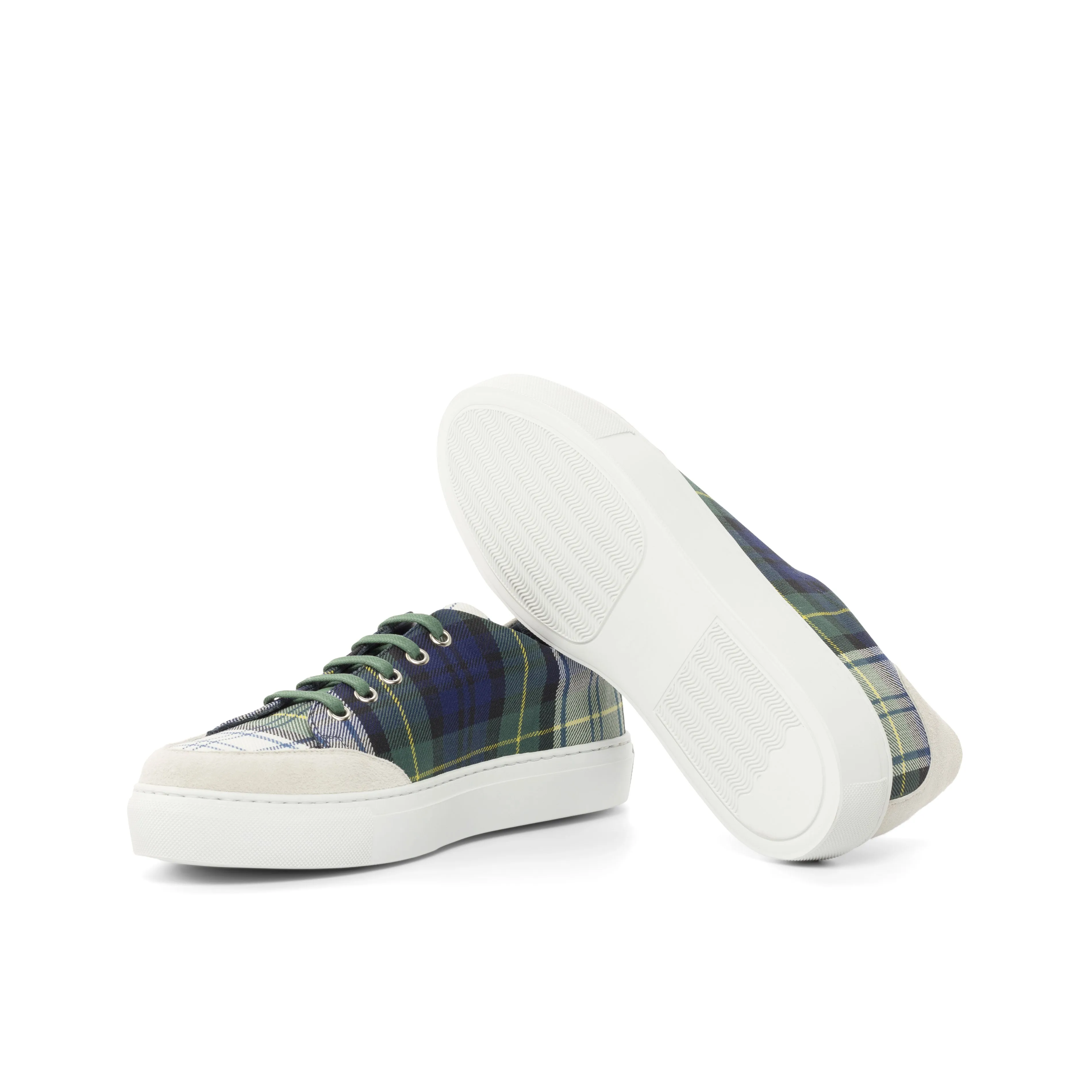 Ladies Activa Basica Sneaker - Navy / Beige Tartan Sartorial Fabric detailed with White Kid Suede Calf Leather