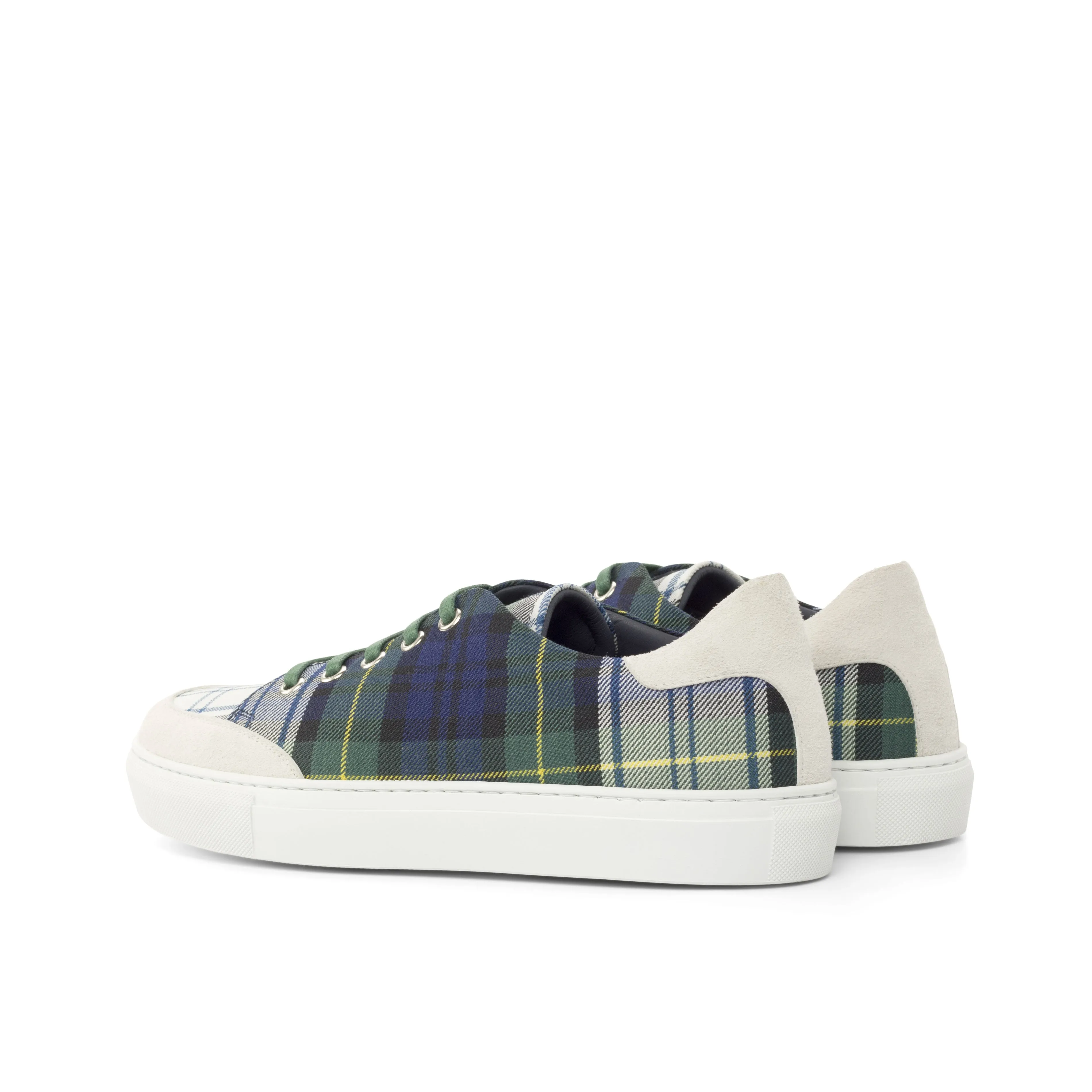 Ladies Activa Basica Sneaker - Navy / Beige Tartan Sartorial Fabric detailed with White Kid Suede Calf Leather
