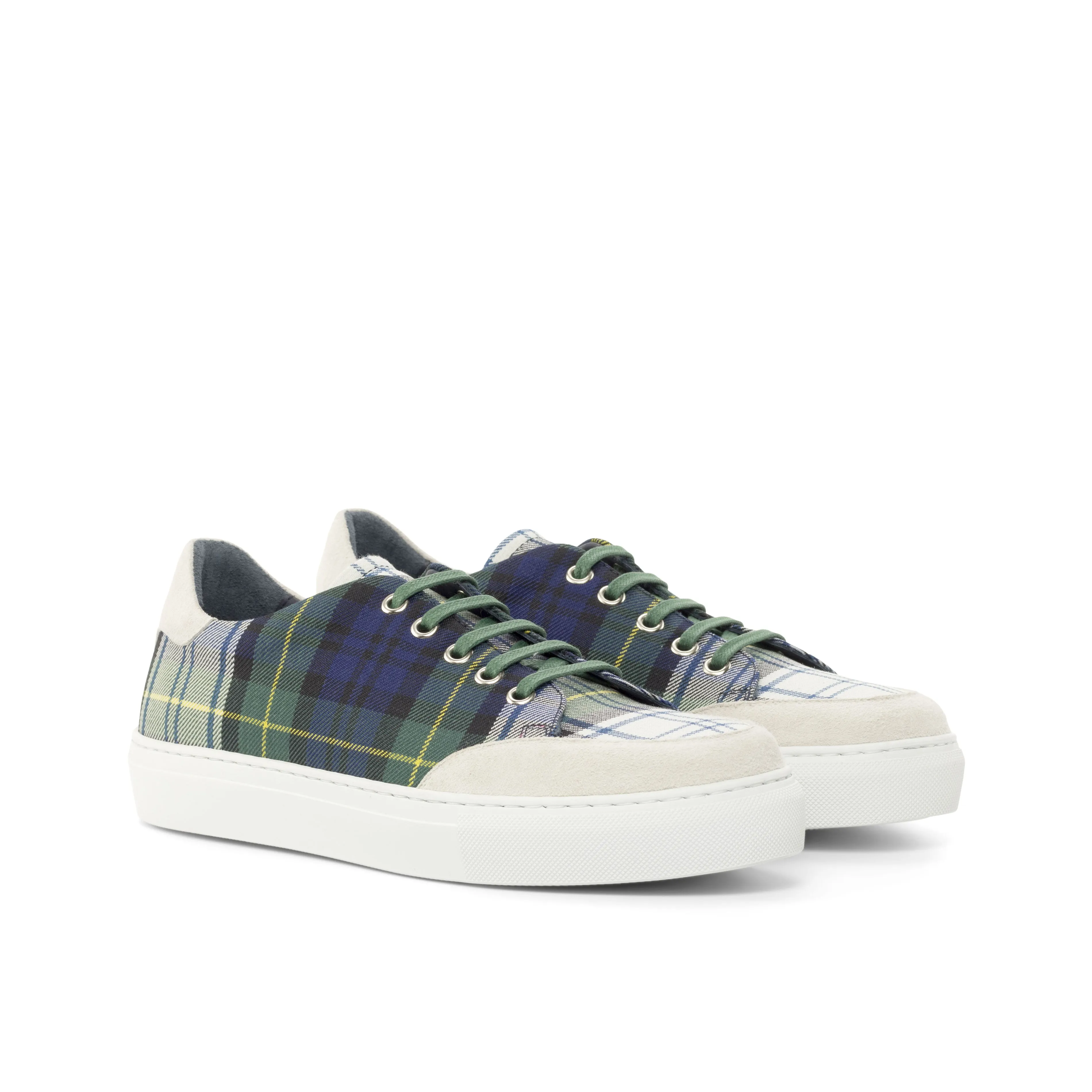 Ladies Activa Basica Sneaker - Navy / Beige Tartan Sartorial Fabric detailed with White Kid Suede Calf Leather
