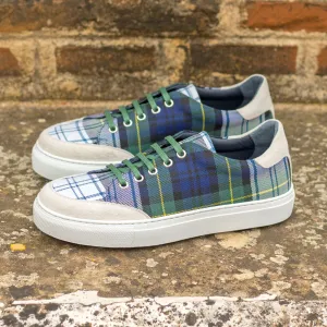 Ladies Activa Basica Sneaker - Navy / Beige Tartan Sartorial Fabric detailed with White Kid Suede Calf Leather
