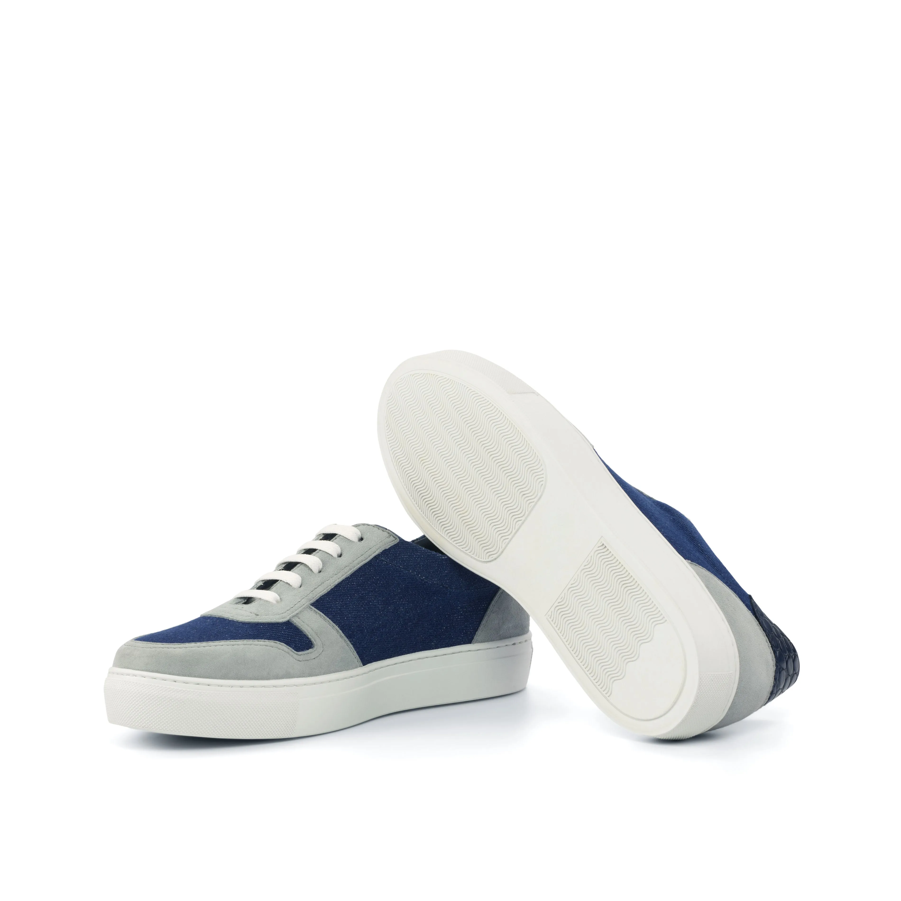 Ladies Activa Sneaker in Blue Jeans Sartorial Fabric detailed with Grey Kid Suede Calf Leather & Hand Painted Navy Blue Croco Embossed Calf Leather