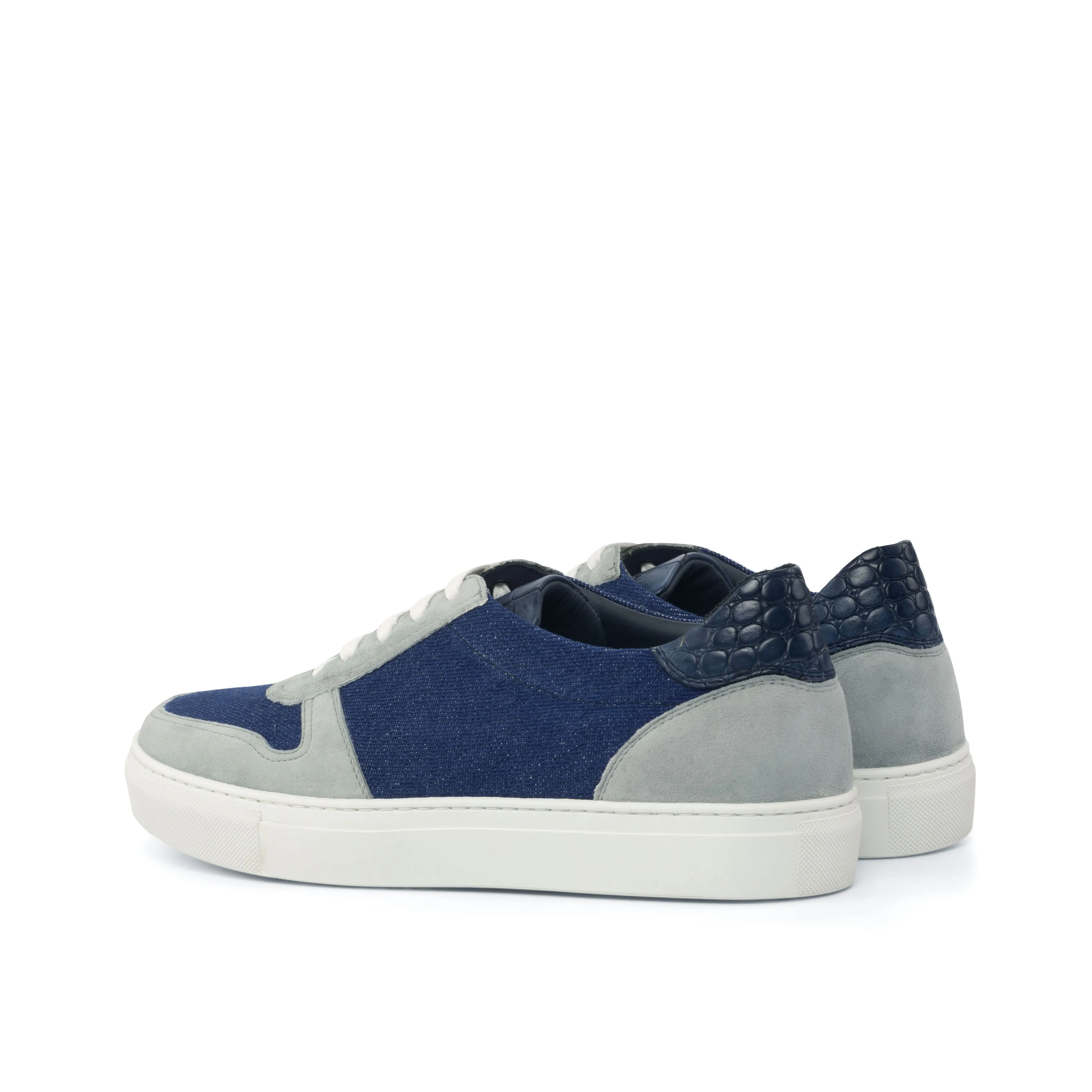 Ladies Activa Sneaker in Blue Jeans Sartorial Fabric detailed with Grey Kid Suede Calf Leather & Hand Painted Navy Blue Croco Embossed Calf Leather