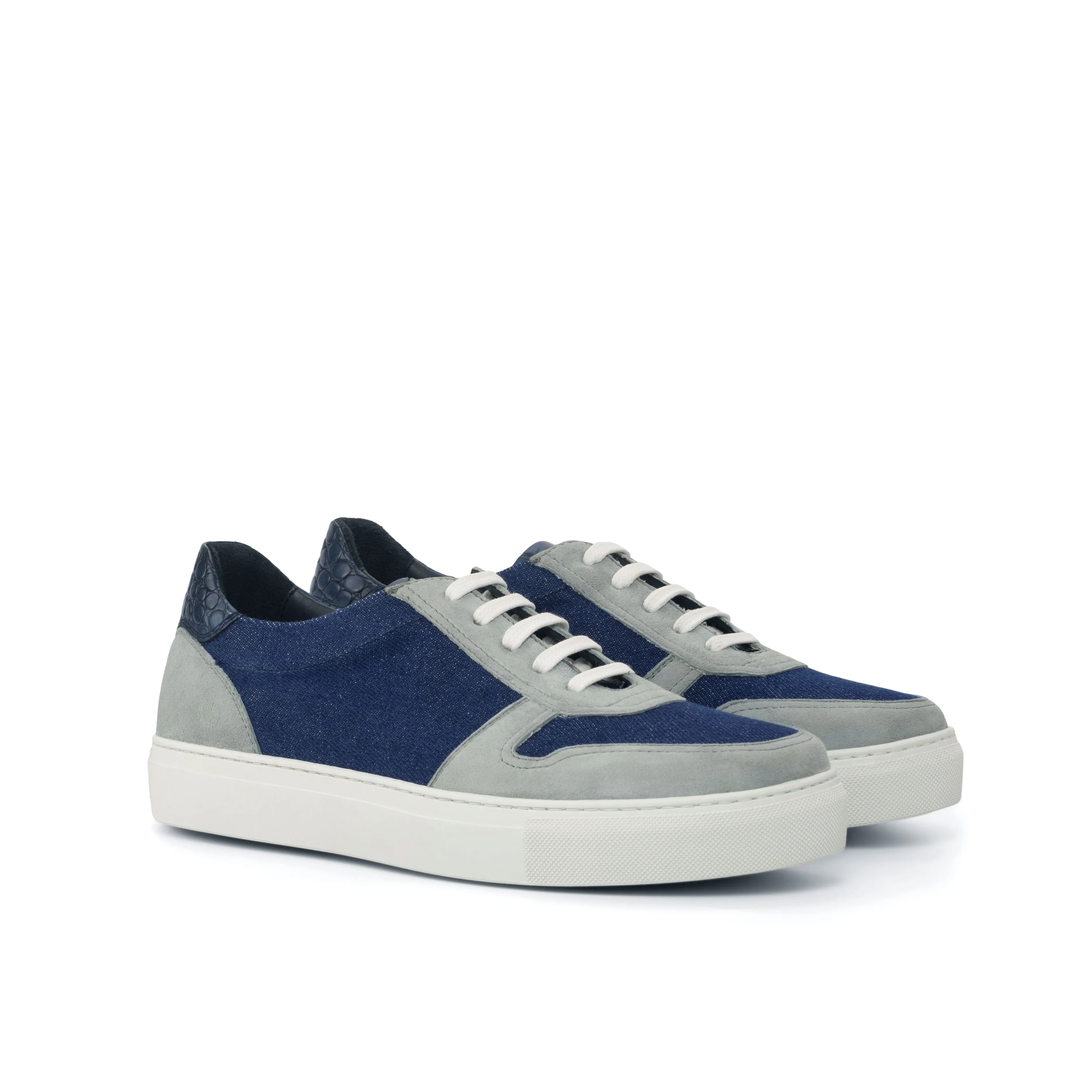 Ladies Activa Sneaker in Blue Jeans Sartorial Fabric detailed with Grey Kid Suede Calf Leather & Hand Painted Navy Blue Croco Embossed Calf Leather