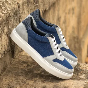 Ladies Activa Sneaker in Blue Jeans Sartorial Fabric detailed with Grey Kid Suede Calf Leather & Hand Painted Navy Blue Croco Embossed Calf Leather