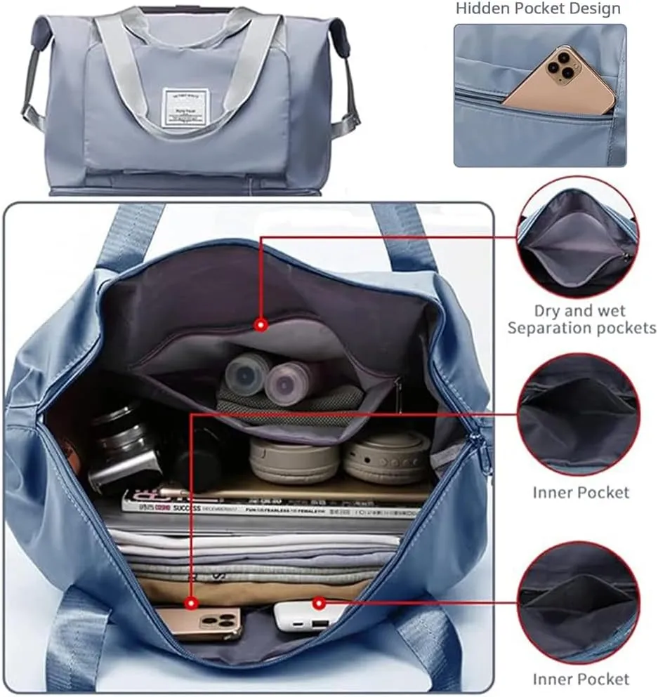 Large Capacity Folding Travel Duffel Bag, Tote Sports Gym Bag, Shoulder Overnight Weekender Bag for Women & Men, Hospital bag, Expandable Duffel Bag with Trolley Sleeve/Wet Pocket