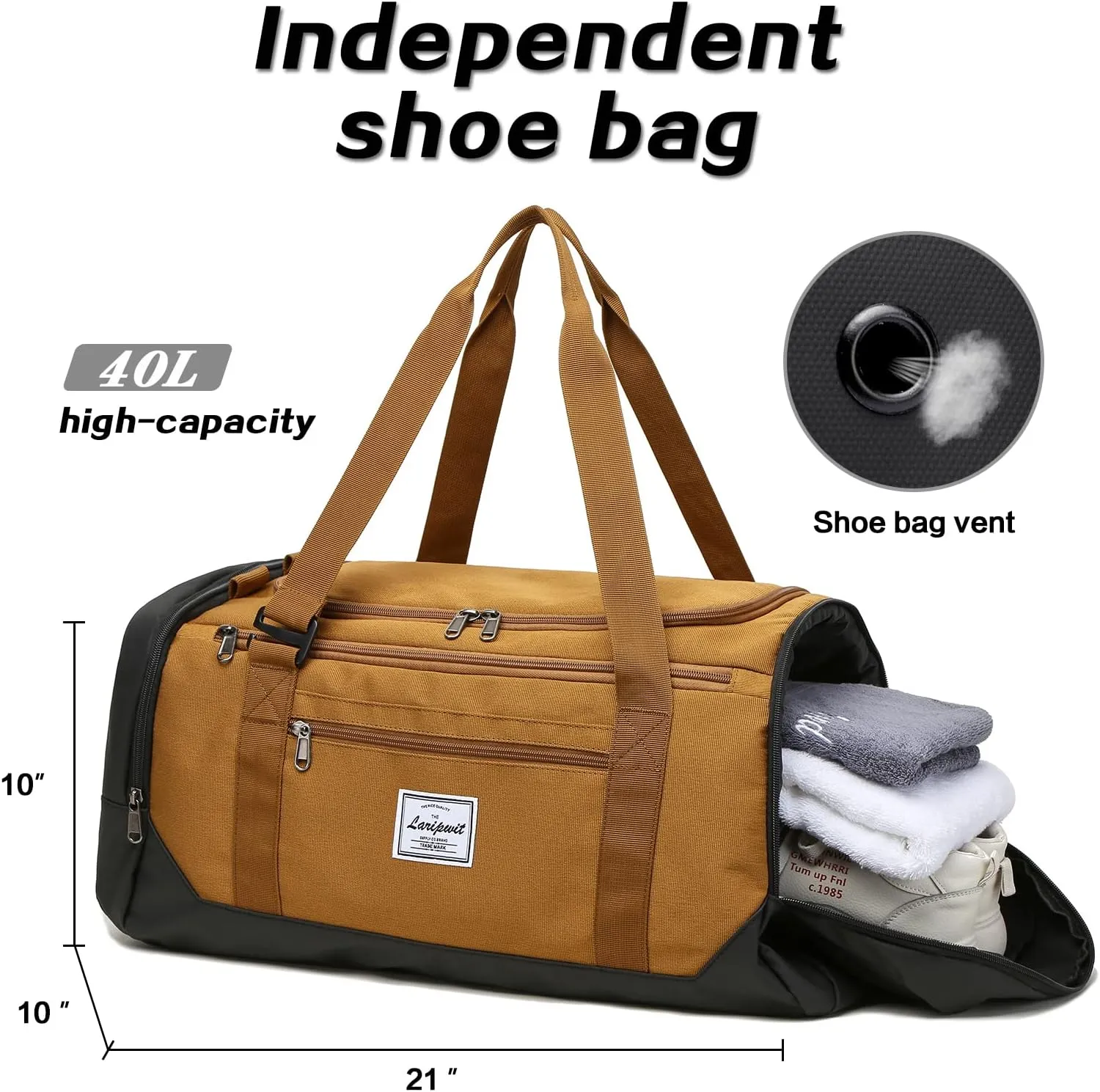 Laripwit Travel Duffle Bag for men 40L Medium Sports Gym Bag with Wet Pocket & Shoes Compartment Weekender Overnight Backpack for Traveling Duffel Bag Backpack for Women, Brown
