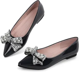 Leather Flats for Women Bling Rhinestone Pointed Non Slip Comfort Slip on Breathable Wedding Dress Ballet Flats Shoes
