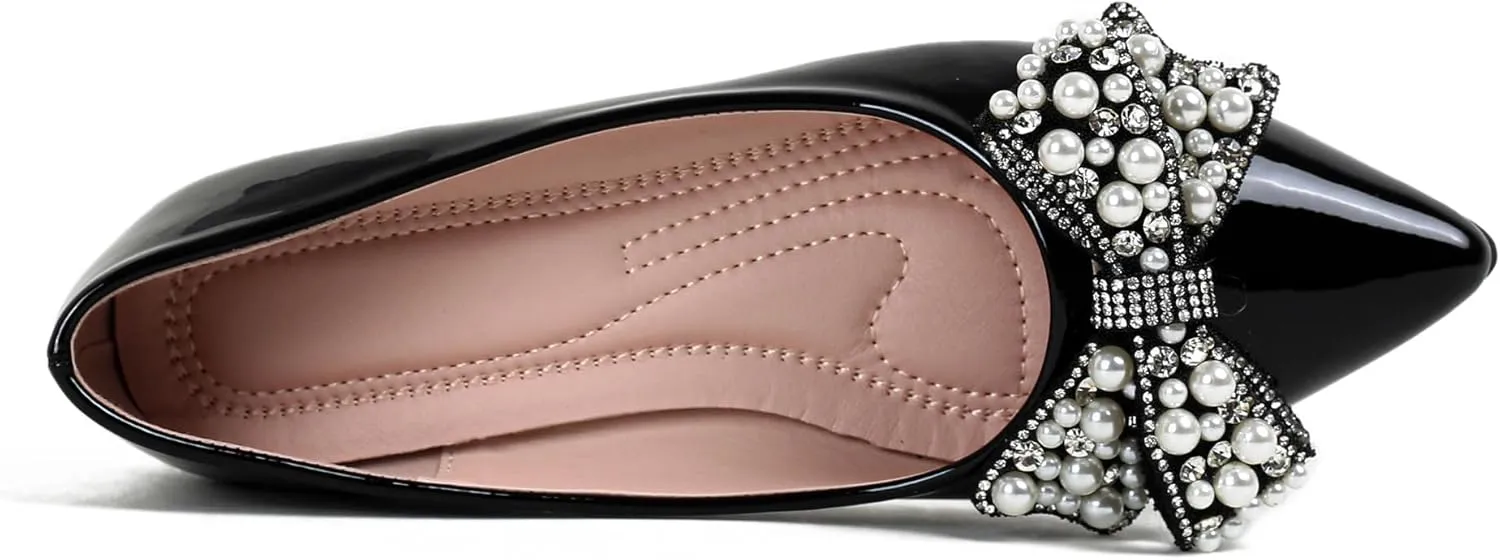 Leather Flats for Women Bling Rhinestone Pointed Non Slip Comfort Slip on Breathable Wedding Dress Ballet Flats Shoes