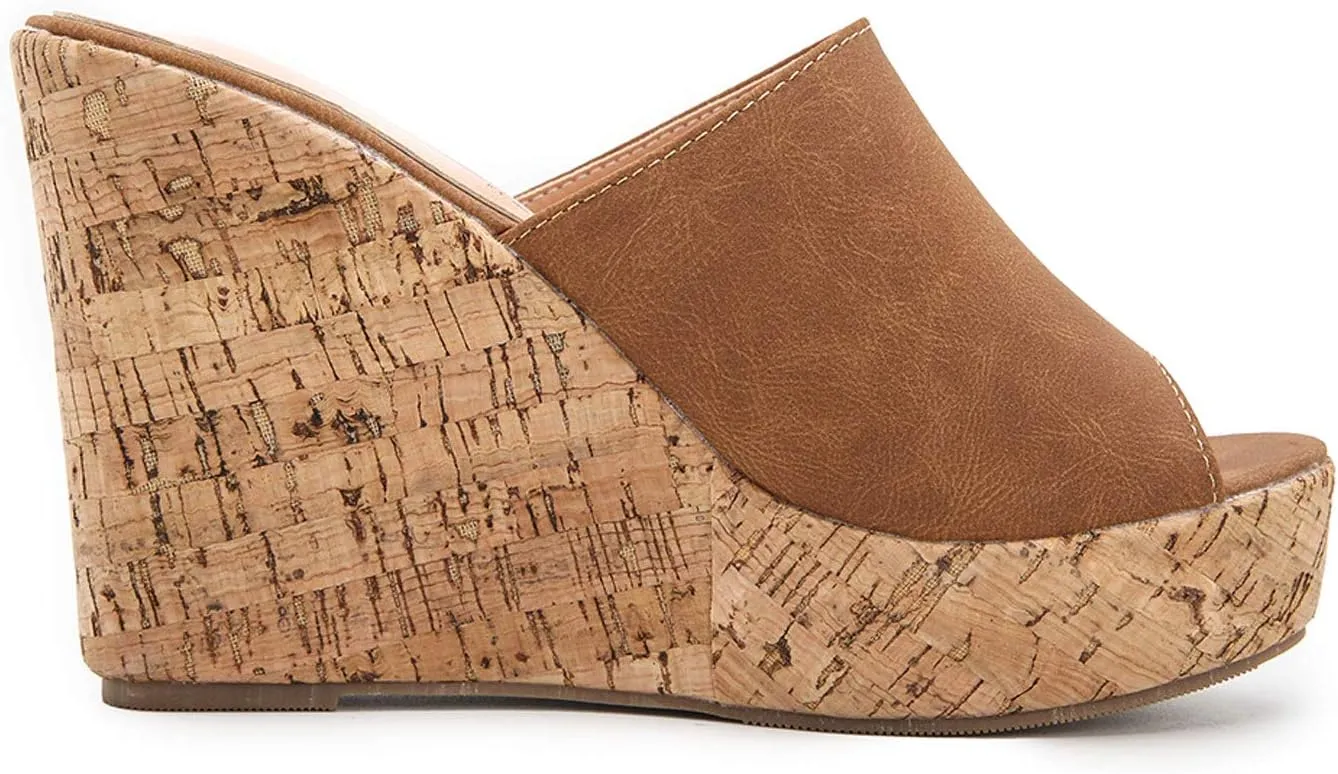 LEHOOR Cork Wedge Mules for Women Platform Slide Sandals Peep Toe, High Wedge 4.5Inch Slippers Microfiber Suede 6-11 M US