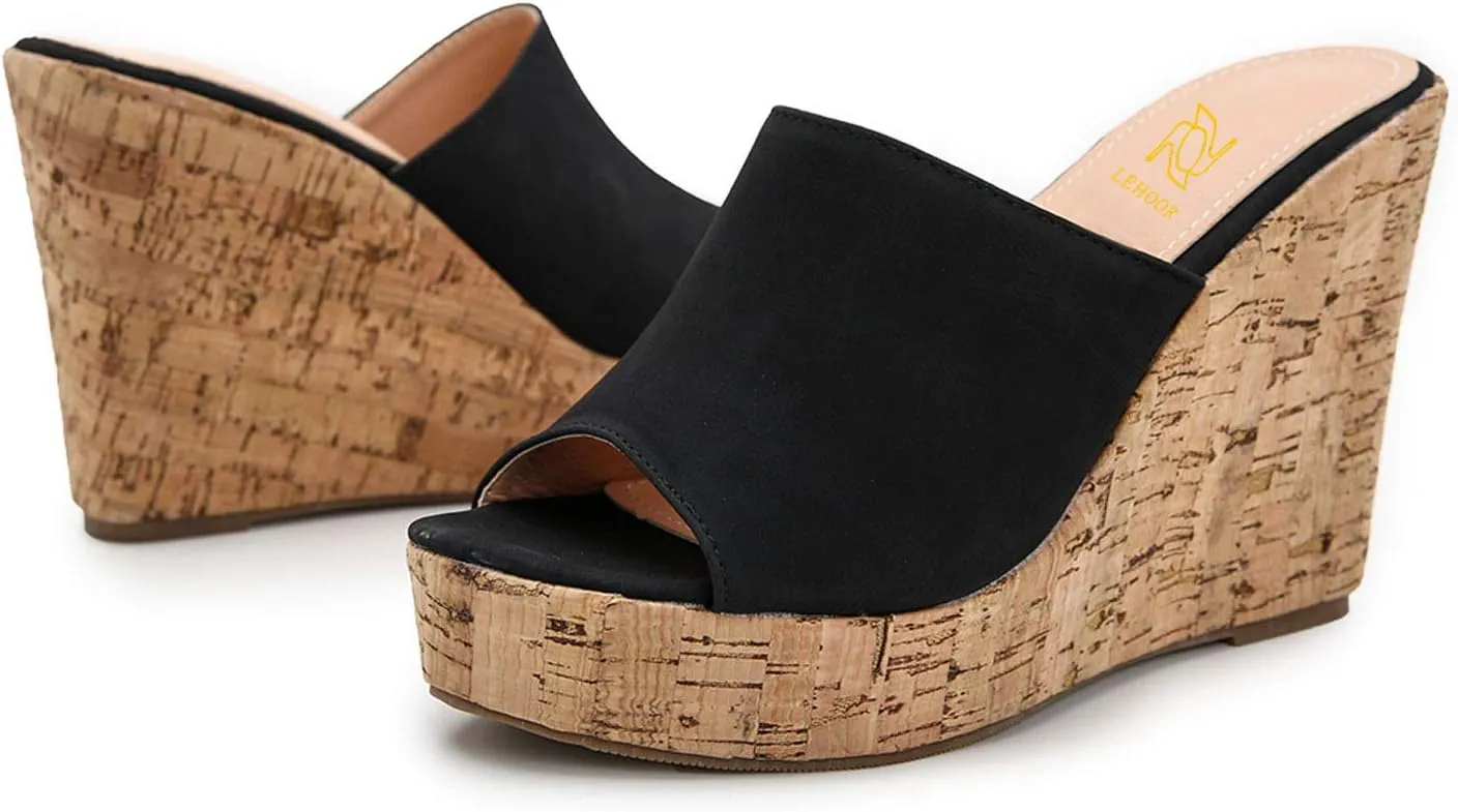 LEHOOR Cork Wedge Mules for Women Platform Slide Sandals Peep Toe, High Wedge 4.5Inch Slippers Microfiber Suede 6-11 M US