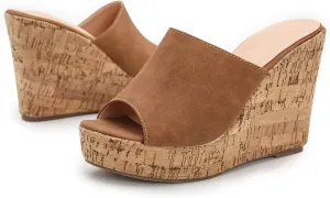 LEHOOR Cork Wedge Mules for Women Platform Slide Sandals Peep Toe, High Wedge 4.5Inch Slippers Microfiber Suede 6-11 M US