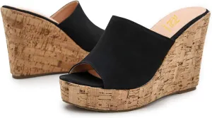 LEHOOR Cork Wedge Mules for Women Platform Slide Sandals Peep Toe, High Wedge 4.5Inch Slippers Microfiber Suede 6-11 M US