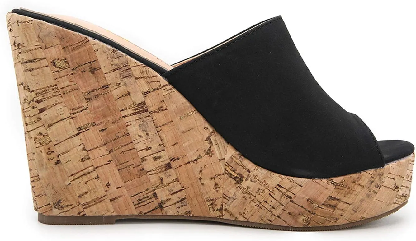 LEHOOR Cork Wedge Mules for Women Platform Slide Sandals Peep Toe, High Wedge 4.5Inch Slippers Microfiber Suede 6-11 M US