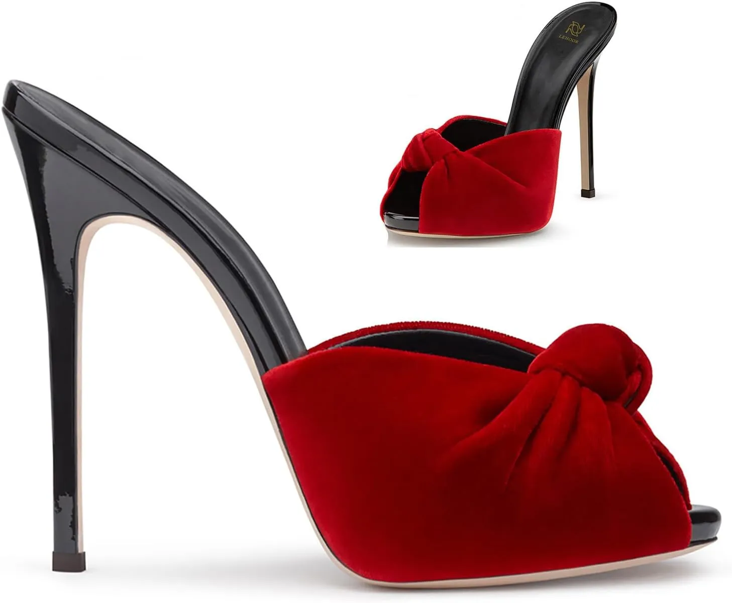 LEHOOR Women Stiletto Heel Mules Platform Bow Round Open Toe Slip On Mule Sandals Velvet Cute 5 Inch Thin High Heels Peep Toe Stilettos Backless Sandal Heels Dress Evening Party 5-12 M US