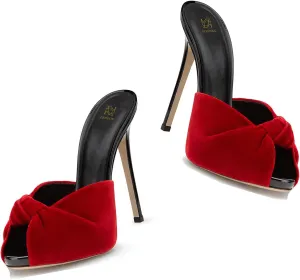 LEHOOR Women Stiletto Heel Mules Platform Bow Round Open Toe Slip On Mule Sandals Velvet Cute 5 Inch Thin High Heels Peep Toe Stilettos Backless Sandal Heels Dress Evening Party 5-12 M US