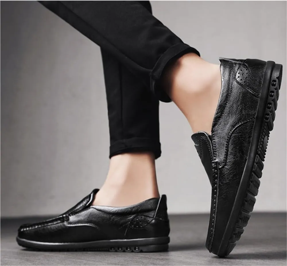Loafers for Men Cowhide Stitching Details Round Toe Breathable Flat Heel Anti-Slip Fashion Walking Slip-ons