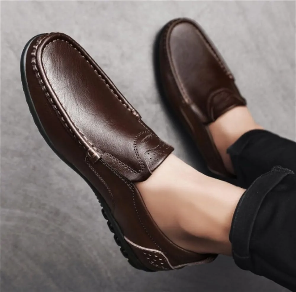 Loafers for Men Cowhide Stitching Details Round Toe Breathable Flat Heel Anti-Slip Fashion Walking Slip-ons