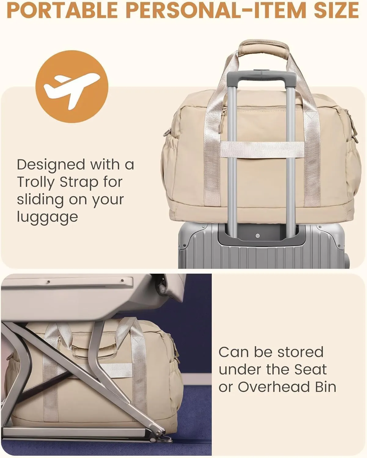 LOVEVOOK Gym Bag for Women, Lightweight Weekender Overnight Bag With Shoe Compartment, Carry On Travel Duffel Bag with Trolley Sleeve, Personal Item Bag, Workout Dance- Khaki