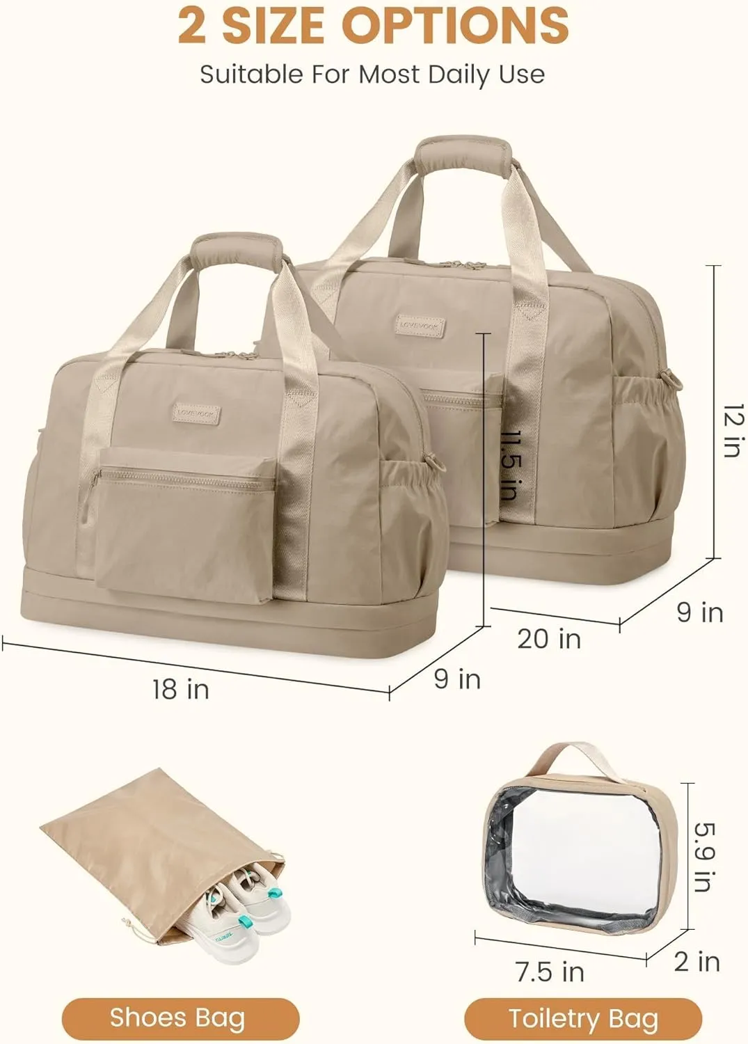 LOVEVOOK Gym Bag for Women, Lightweight Weekender Overnight Bag With Shoe Compartment, Carry On Travel Duffel Bag with Trolley Sleeve, Personal Item Bag, Workout Dance- Khaki