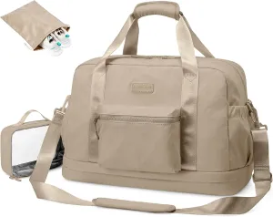 LOVEVOOK Gym Bag for Women, Lightweight Weekender Overnight Bag With Shoe Compartment, Carry On Travel Duffel Bag with Trolley Sleeve, Personal Item Bag, Workout Dance- Khaki