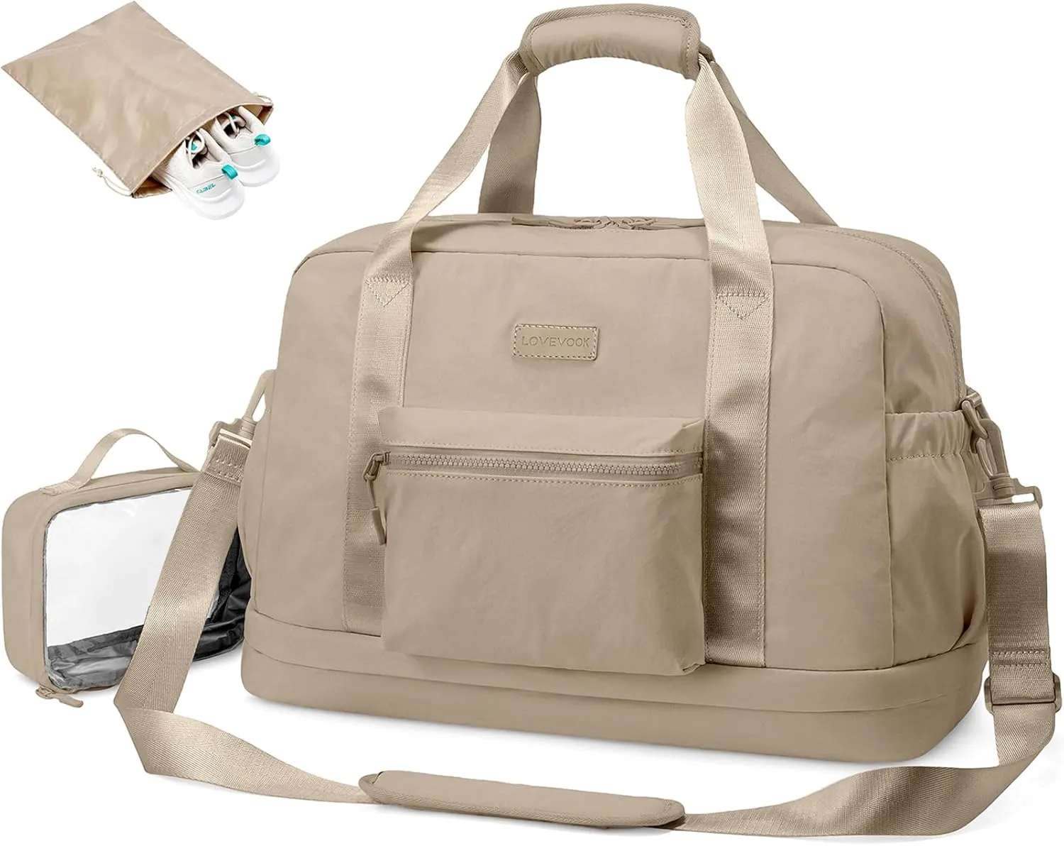 LOVEVOOK Gym Bag for Women, Lightweight Weekender Overnight Bag With Shoe Compartment, Carry On Travel Duffel Bag with Trolley Sleeve, Personal Item Bag, Workout Dance- Khaki