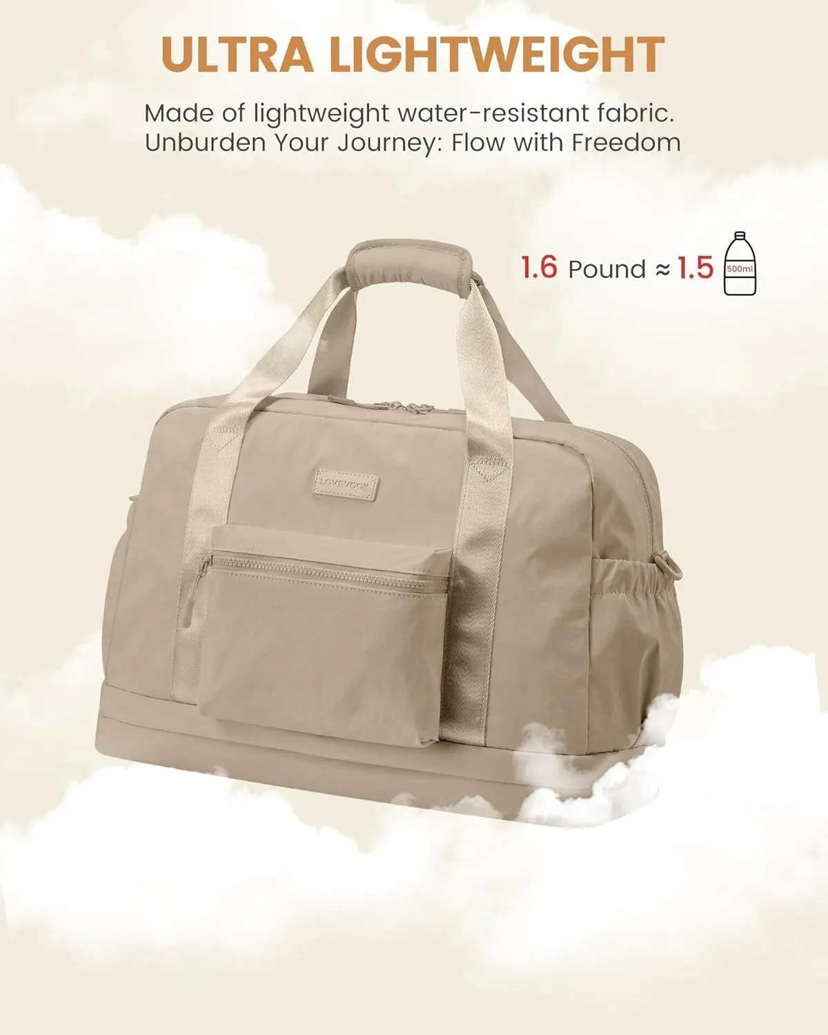 LOVEVOOK Gym Bag for Women, Lightweight Weekender Overnight Bag With Shoe Compartment, Carry On Travel Duffel Bag with Trolley Sleeve, Personal Item Bag, Workout Dance- Khaki