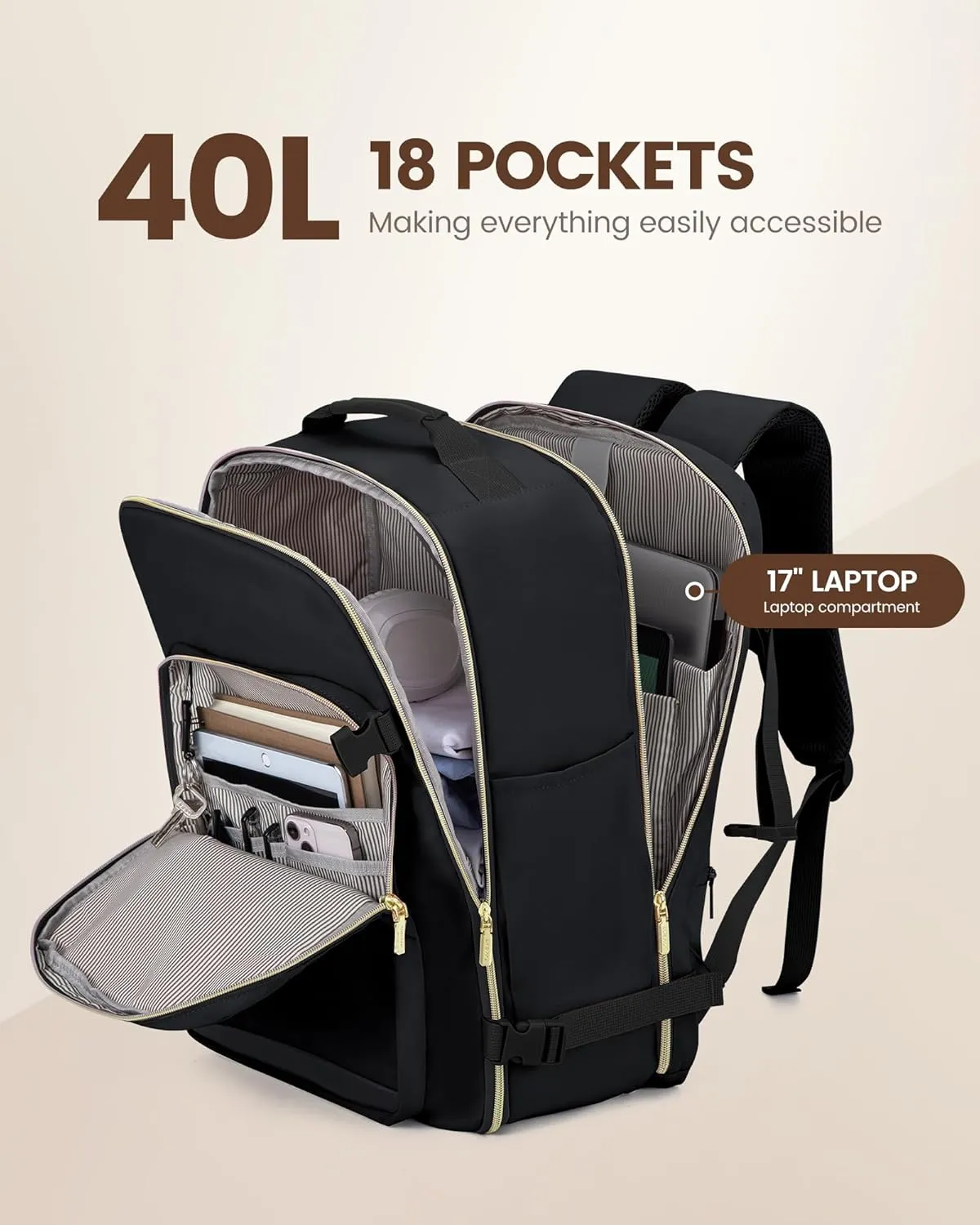 LOVEVOOK Travel Backpack Carry on Backpack, 40L Flight Approved Personal Item Travel Bag with 17 Inch Laptop Backpacks for Women&Men, Large Suitcase Backpacks With 3 Packing Cubes, Black-Black
