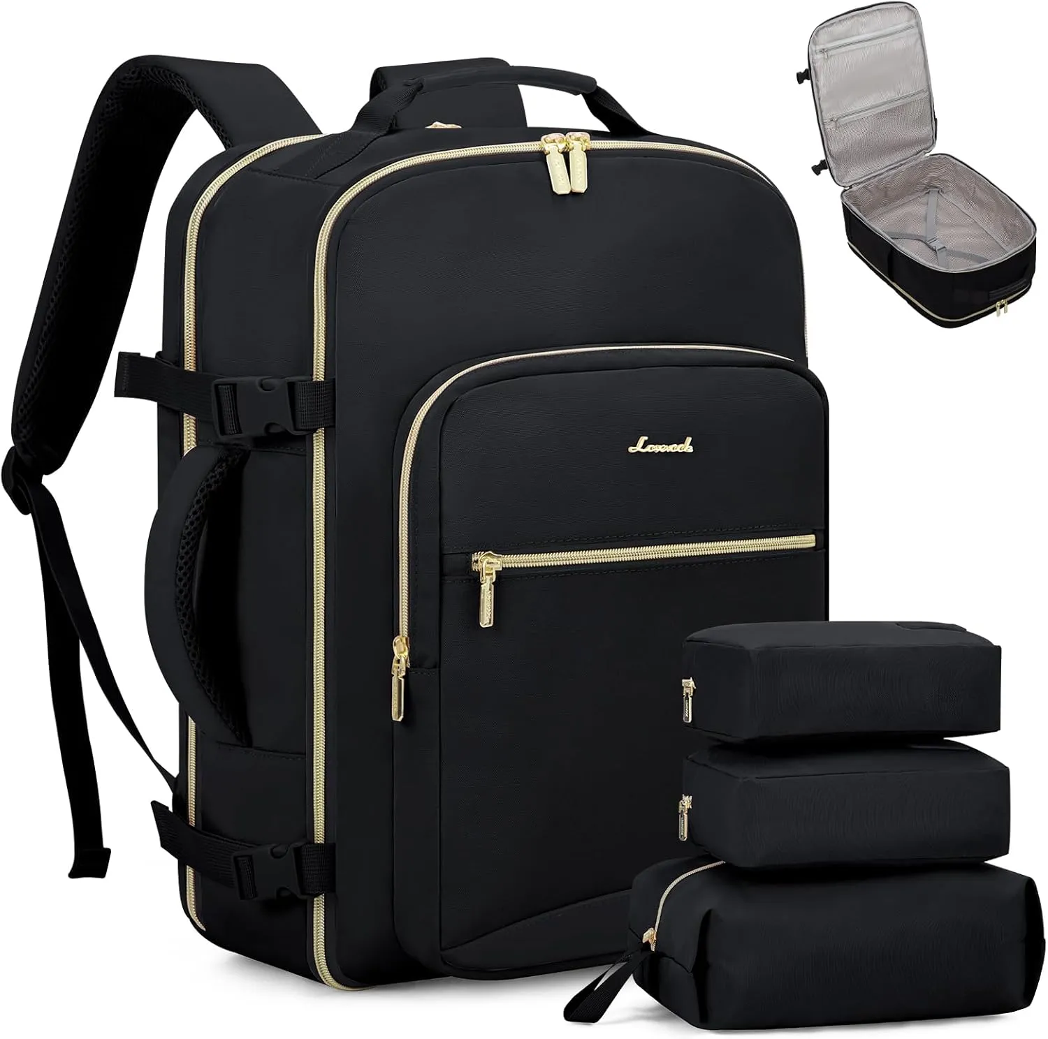 LOVEVOOK Travel Backpack Carry on Backpack, 40L Flight Approved Personal Item Travel Bag with 17 Inch Laptop Backpacks for Women&Men, Large Suitcase Backpacks With 3 Packing Cubes, Black-Black