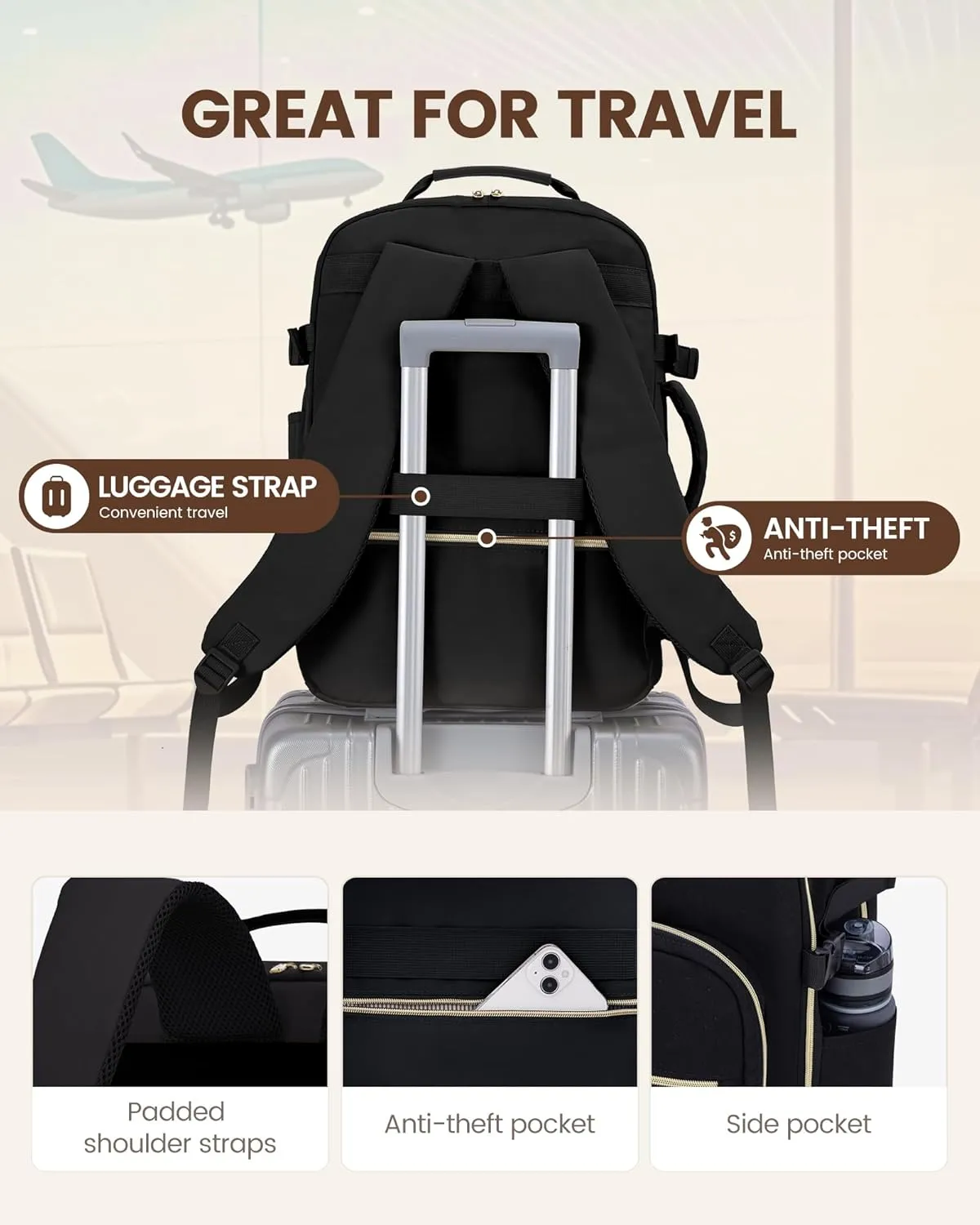 LOVEVOOK Travel Backpack Carry on Backpack, 40L Flight Approved Personal Item Travel Bag with 17 Inch Laptop Backpacks for Women&Men, Large Suitcase Backpacks With 3 Packing Cubes, Black-Black