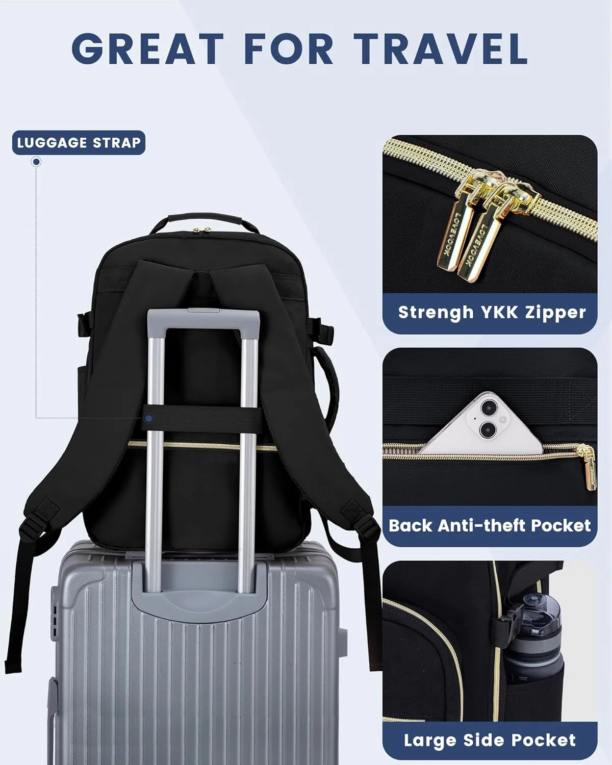 LOVEVOOK Travel Backpack Carry on Backpack, 40L Flight Approved Personal Item Travel Bag with 17 Inch Laptop Backpacks for Women&Men, Large Suitcase Backpacks With 3 Packing Cubes, Black-Black