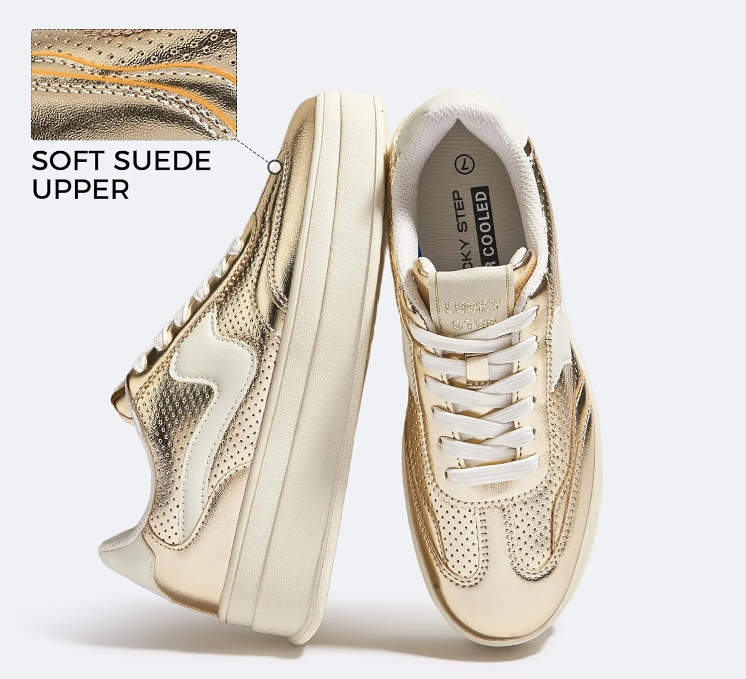LUCKY STEP Women's Platform Fashion Sneakers Thick Sole Suede Genuine Leather Classic Rubber Gum Sole Low Top Casual Walking Shoes