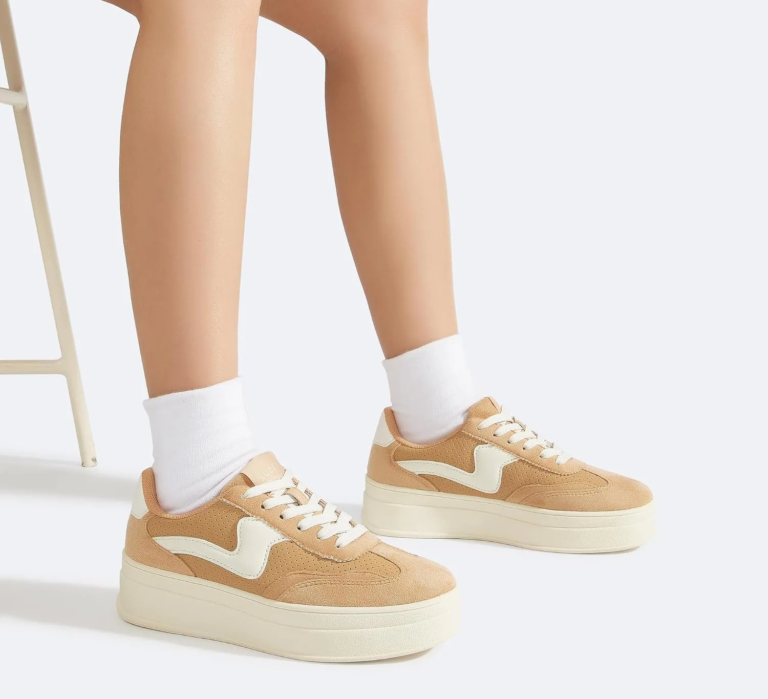LUCKY STEP Women's Platform Fashion Sneakers Thick Sole Suede Genuine Leather Classic Rubber Gum Sole Low Top Casual Walking Shoes
