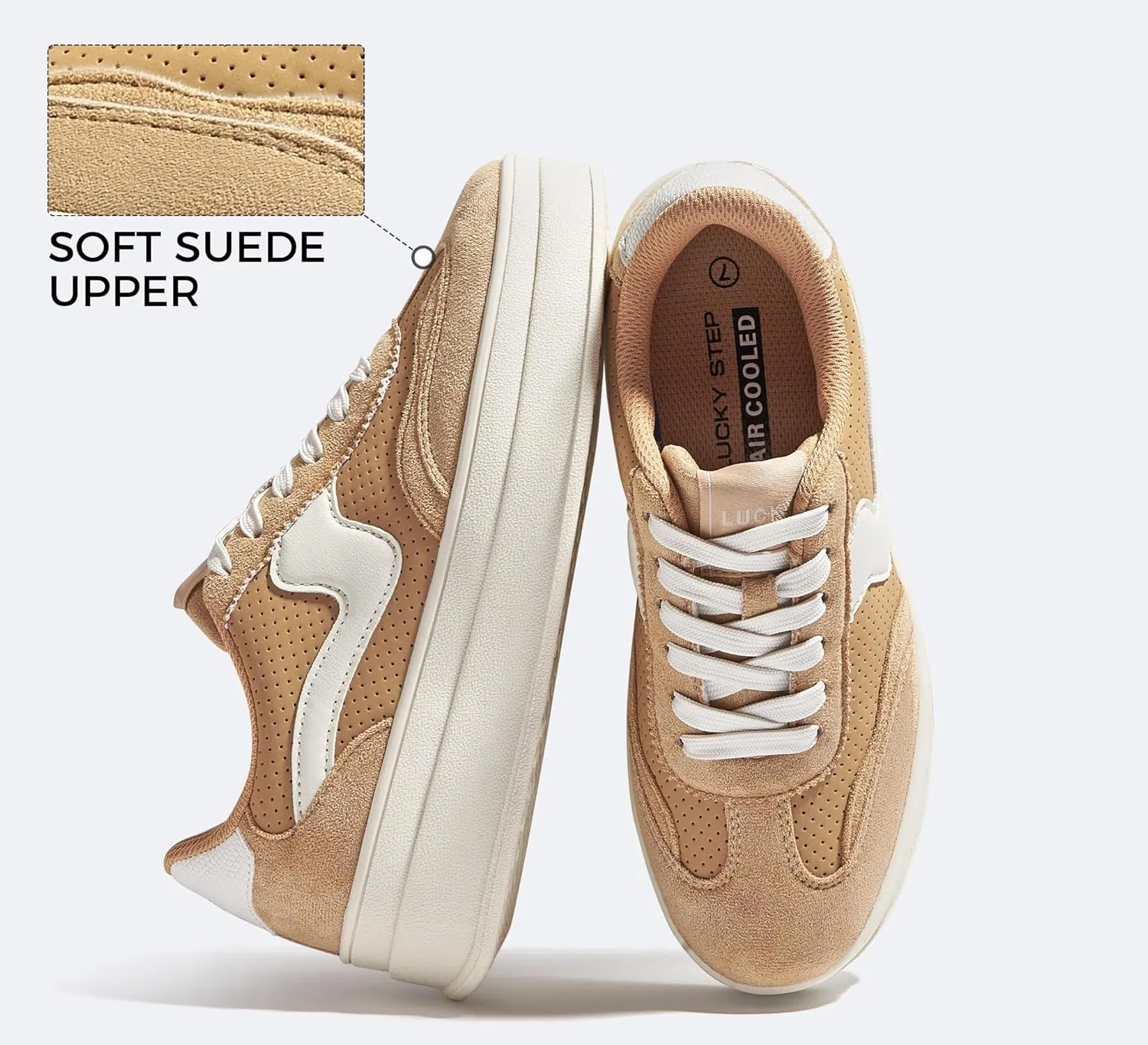 LUCKY STEP Women's Platform Fashion Sneakers Thick Sole Suede Genuine Leather Classic Rubber Gum Sole Low Top Casual Walking Shoes