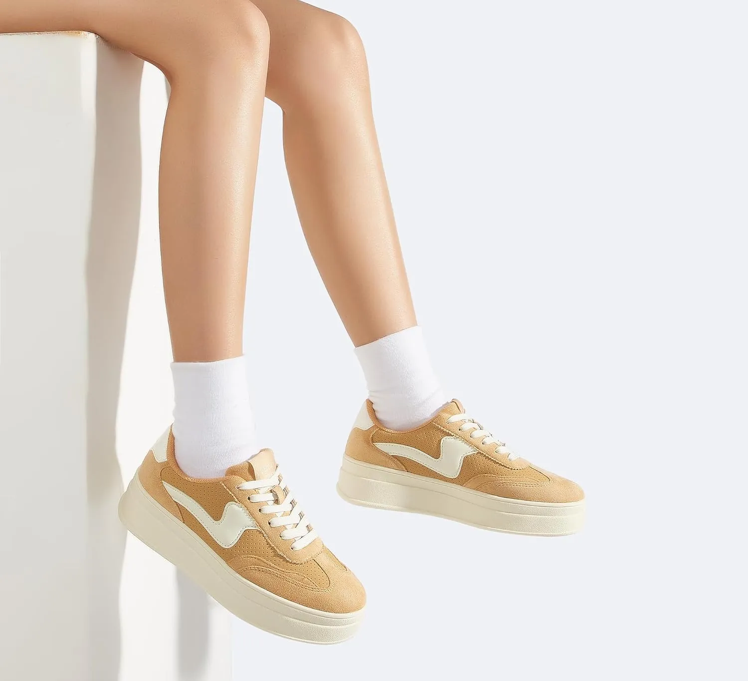 LUCKY STEP Women's Platform Fashion Sneakers Thick Sole Suede Genuine Leather Classic Rubber Gum Sole Low Top Casual Walking Shoes