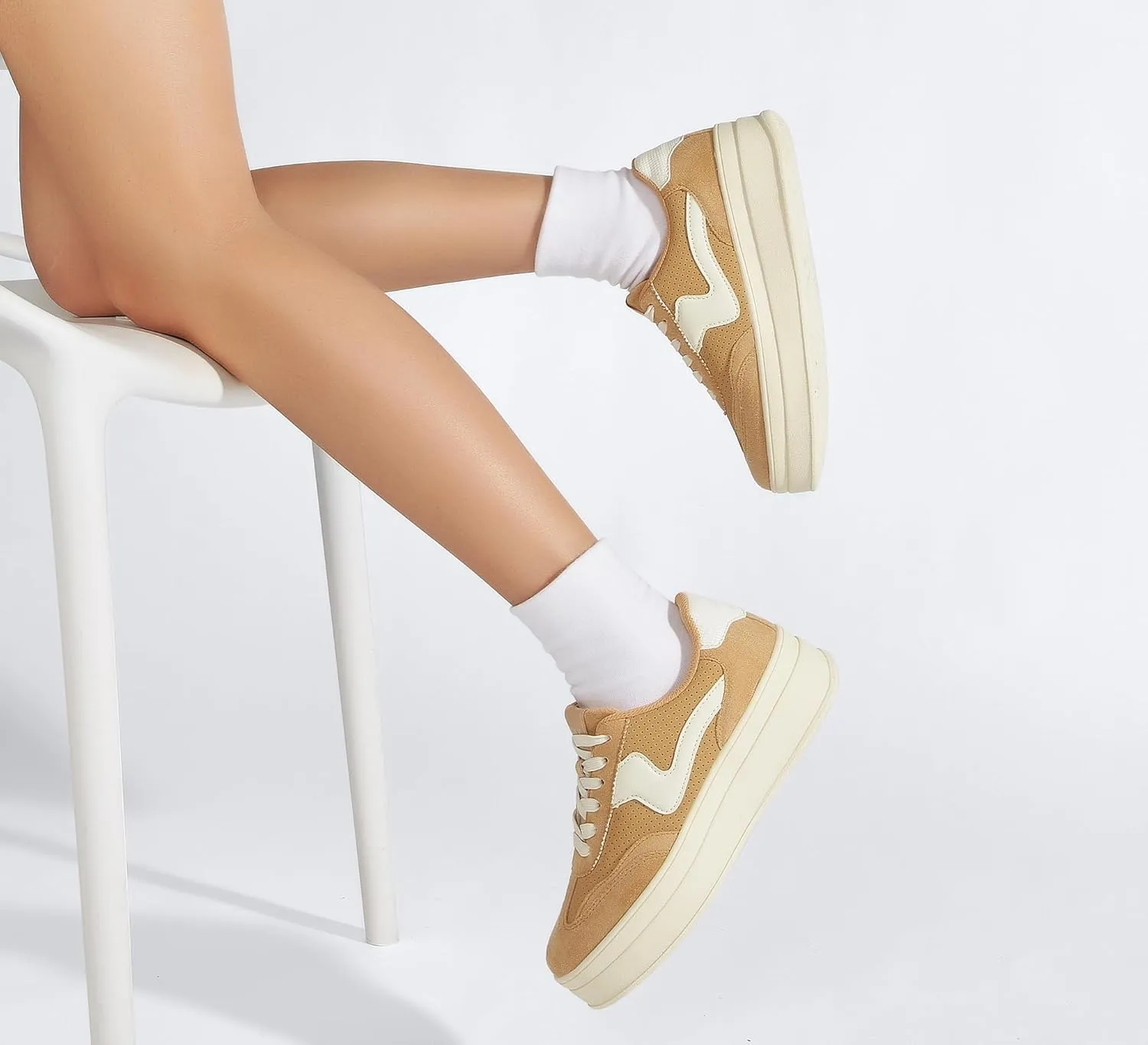LUCKY STEP Women's Platform Fashion Sneakers Thick Sole Suede Genuine Leather Classic Rubber Gum Sole Low Top Casual Walking Shoes